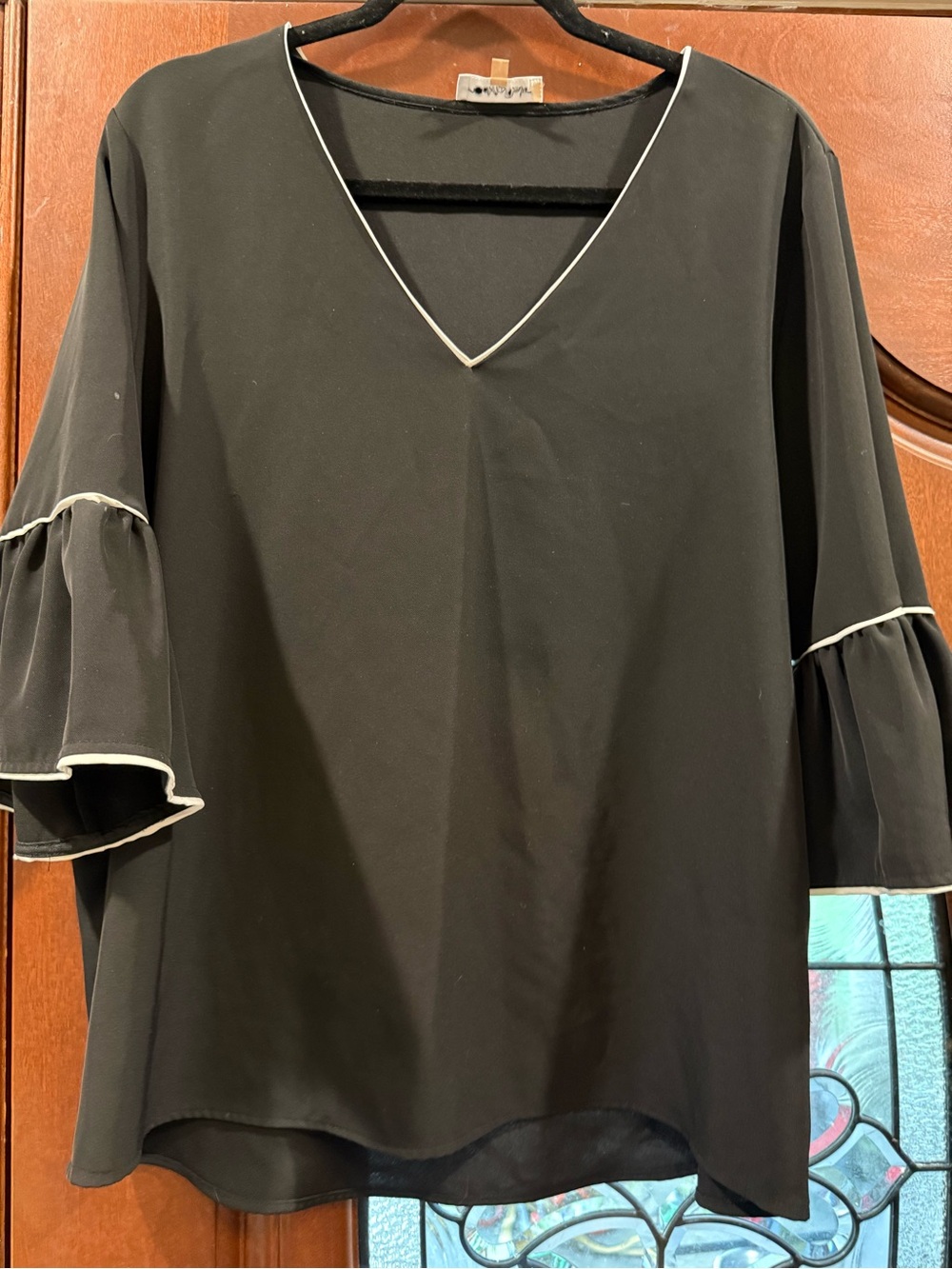 Calvin Klein Black V-Neck Blouse with White Trim